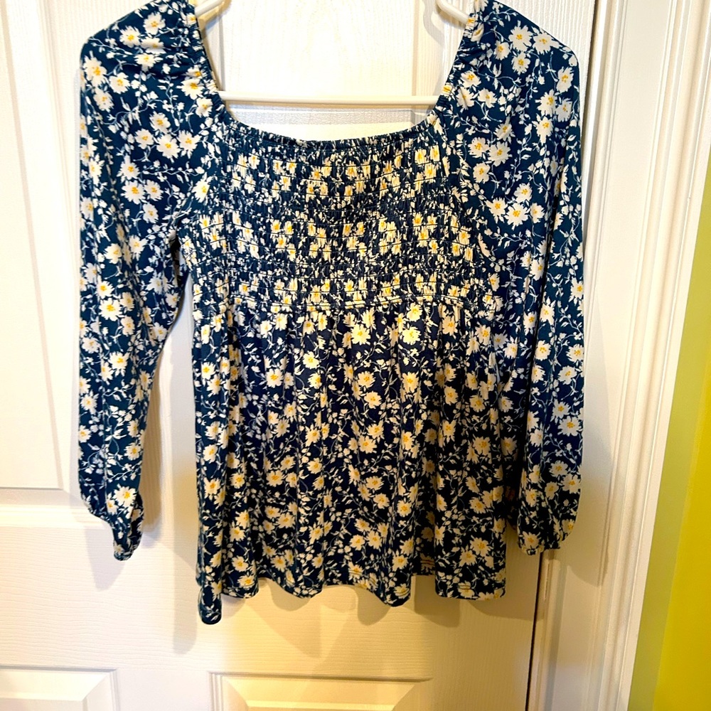 Teal white floral long sleeve blouse